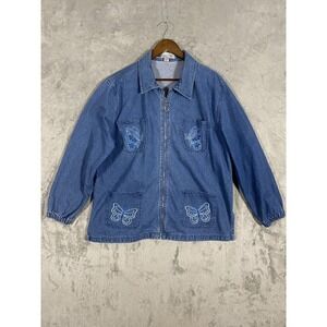 VTG Passion-I Jacket Womens Sz L‎ Blue Denim Zip Butterfly Embroidered Pockets